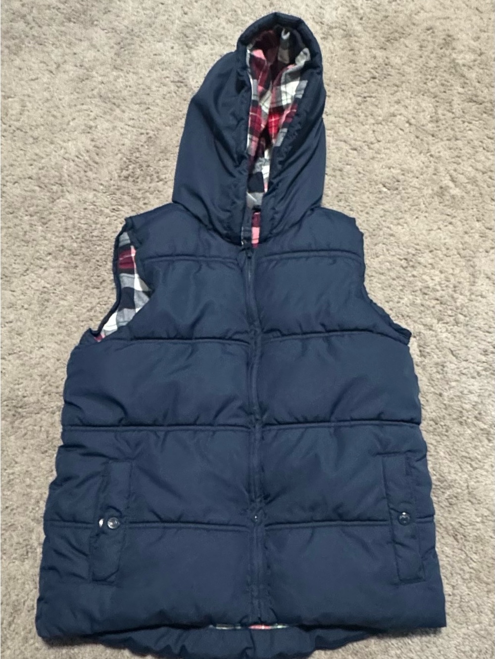 Boys Gymboree Navy Puffer Hooded Vest with Plaid Lining size 8